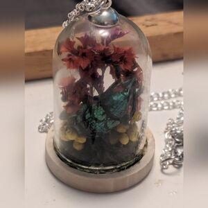 Hand made flower and bug specimen necklaces